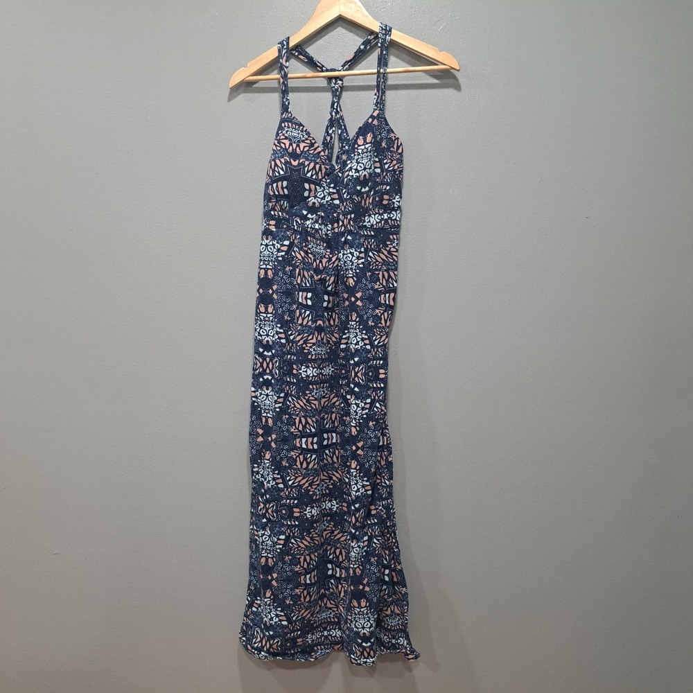 Pink Rose Women's MEDIUM Maxi Dress Racerback Geometric Floral Blue Pink Cotton